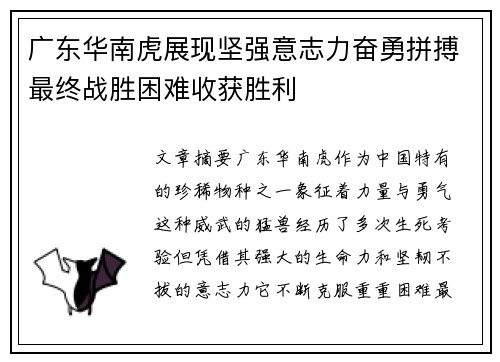 广东华南虎展现坚强意志力奋勇拼搏最终战胜困难收获胜利